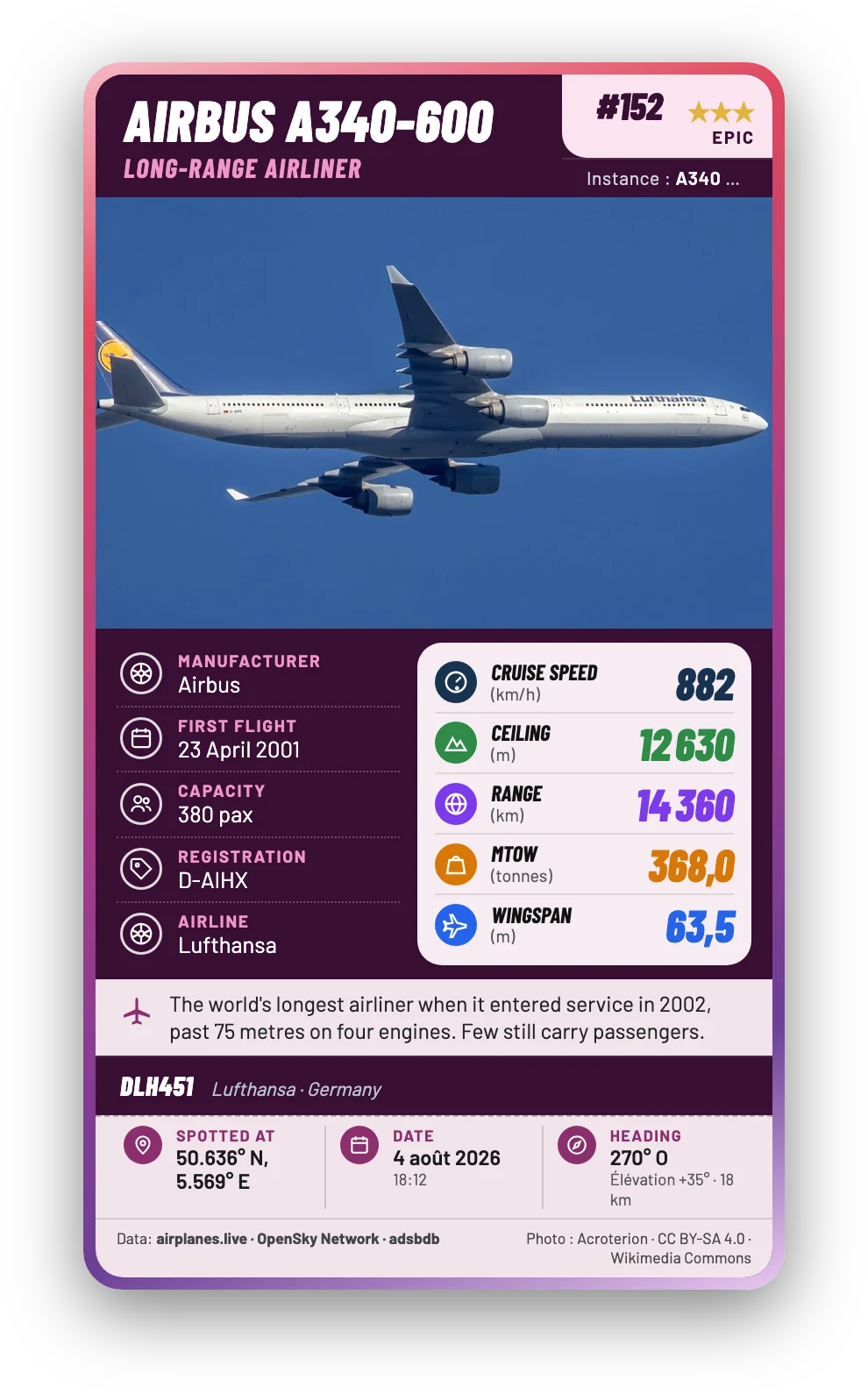 Epic Wingtip card: Airbus A340-600