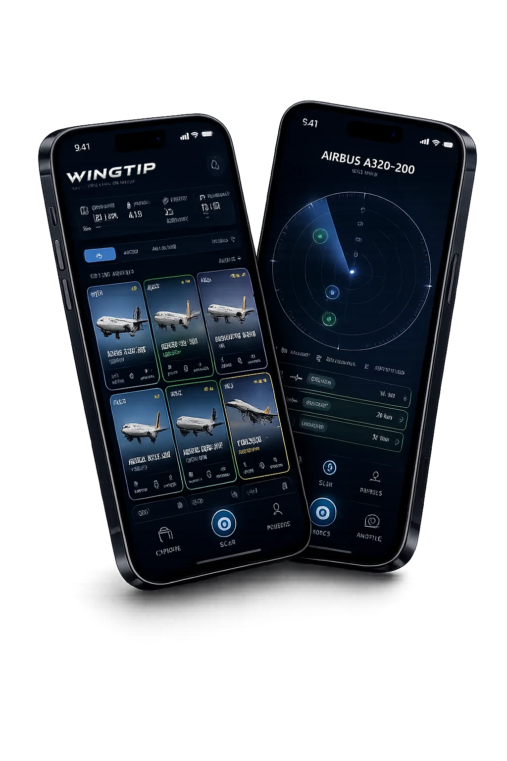 The Wingtip app: the card Hangar and the radar of nearby aircraft